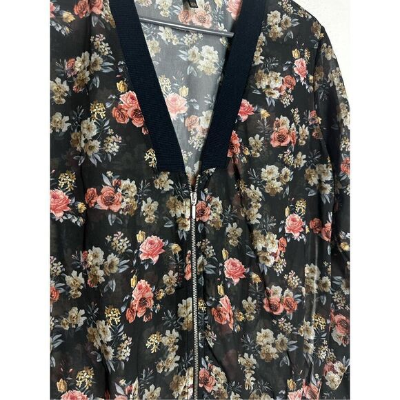 Stradivarius Chaqueta Bomber Floral Print Size M Black Pink Zip Transparent - Picture 2 of 10